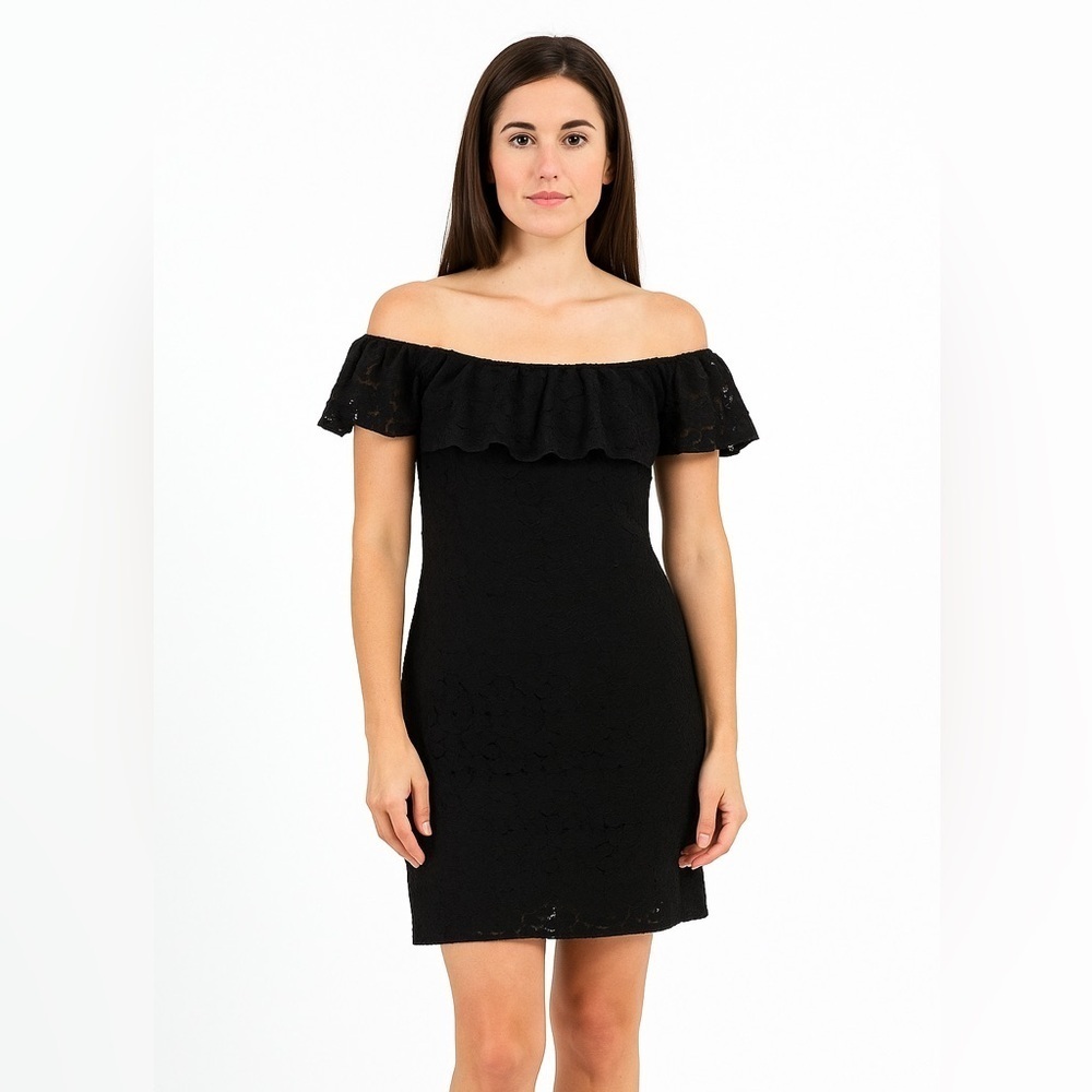 New Betsey Johnson women's black floral lace ruffle neck sleeveless dress size S
